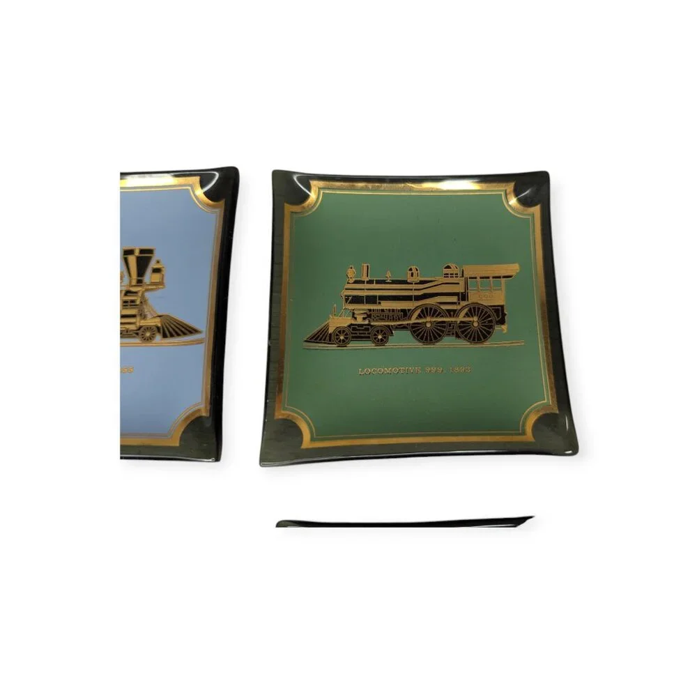 Vintage Houze Art Curved Glass Trays w/ Locomotives Train Railroad 3.5